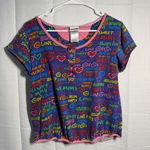 M&Ms World Graphic T Shirt Women's Purple Pink Hearts Love Sweet Fun Size L